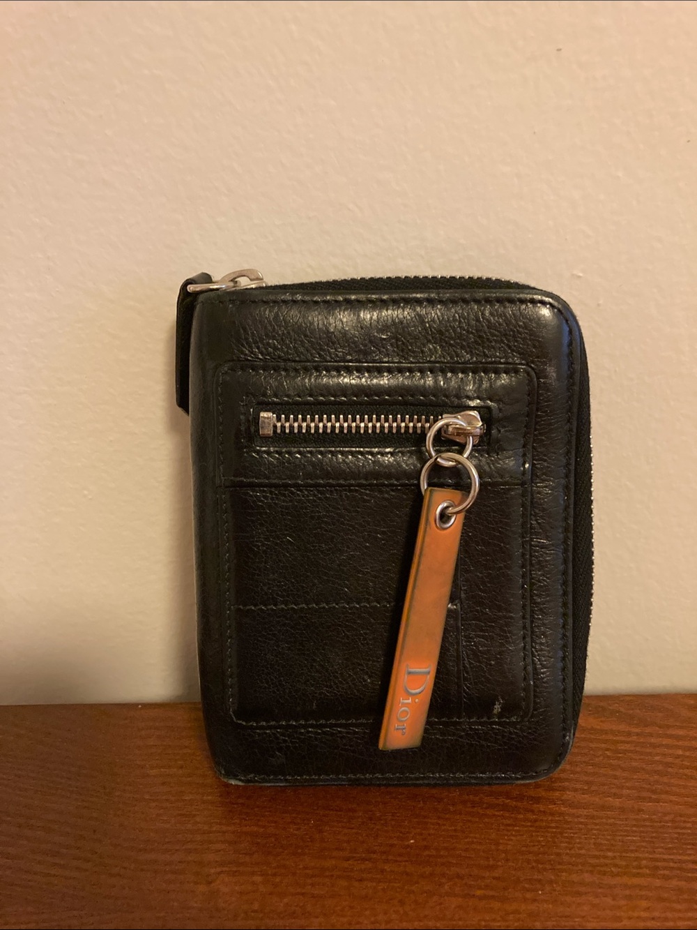 Dior Black Leather Zip Wallet with Gold-Tone Logo Tag